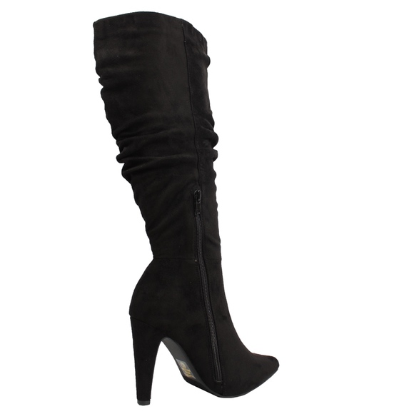 Black Faux Suede Slouchy Knee High Stiletto Boot - Picture 3 of 6